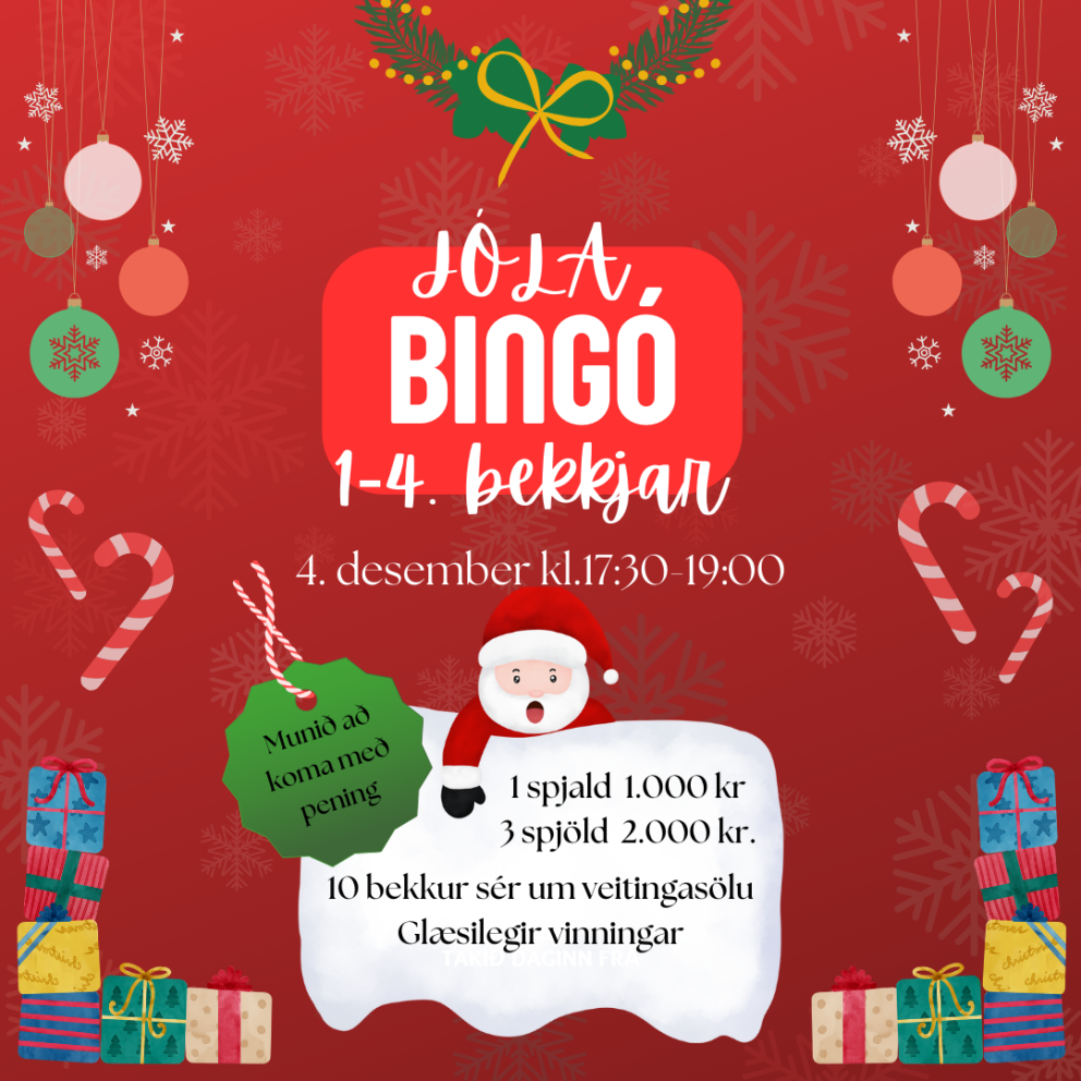 Bingó í kvöld 1.-4. bekkjar kl. 17:30-19:00 í kvöld, miðvikudaginn 4. desember.