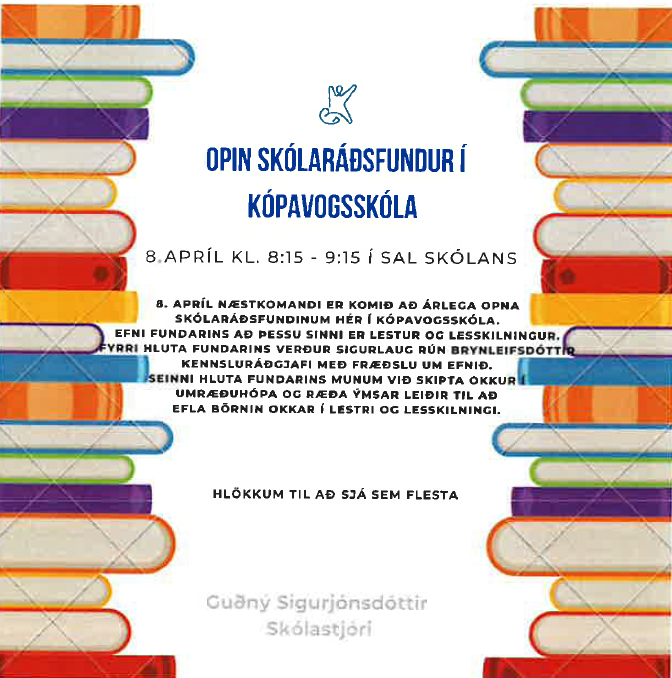 Opin skólaráðsfundur 8. apríl 2026. Fundurinn er í sal skólans klukkan 8:15 - 9:15. Hlökkum til að s&hellip;